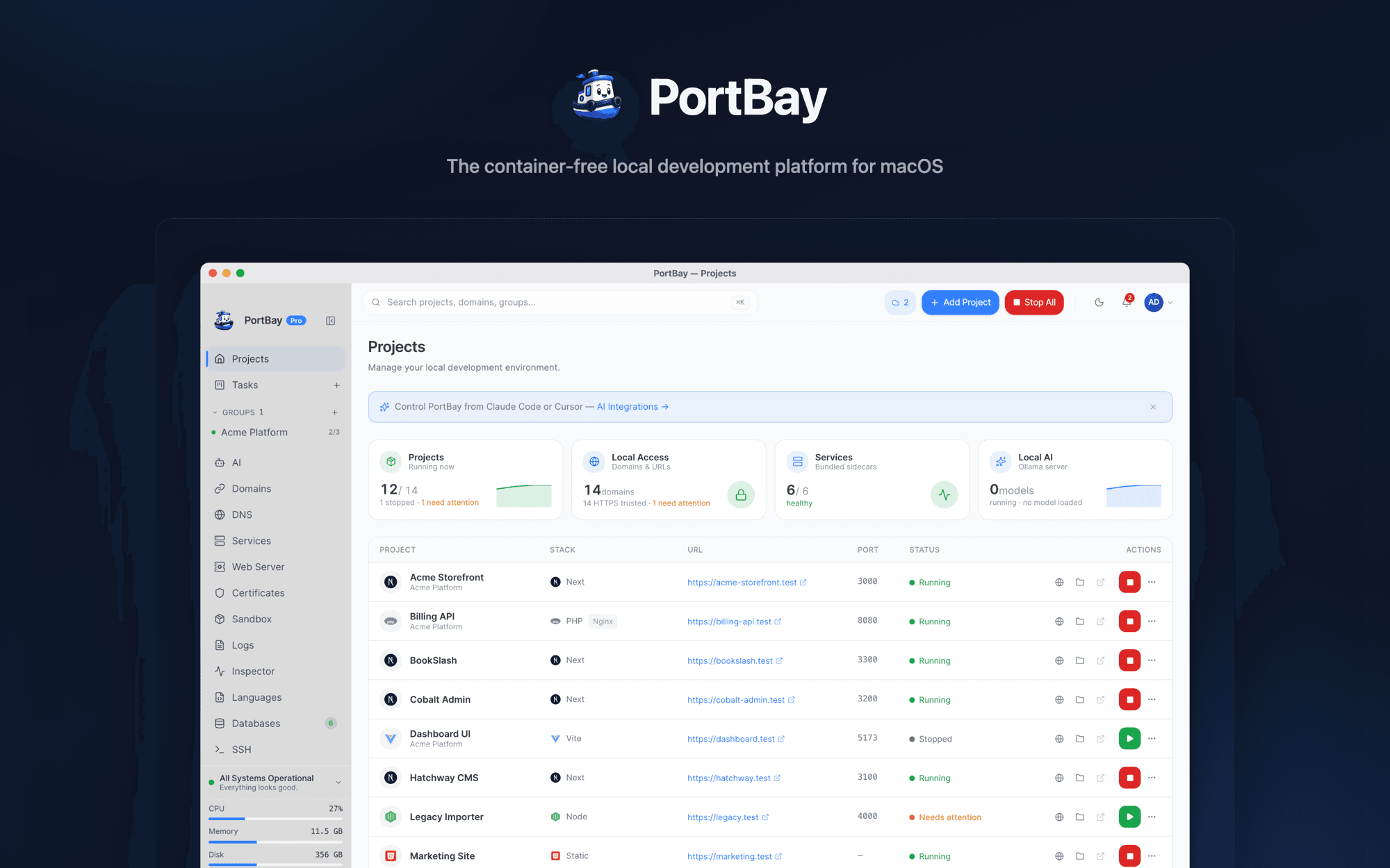 PortBay — local development environment manager for macOS