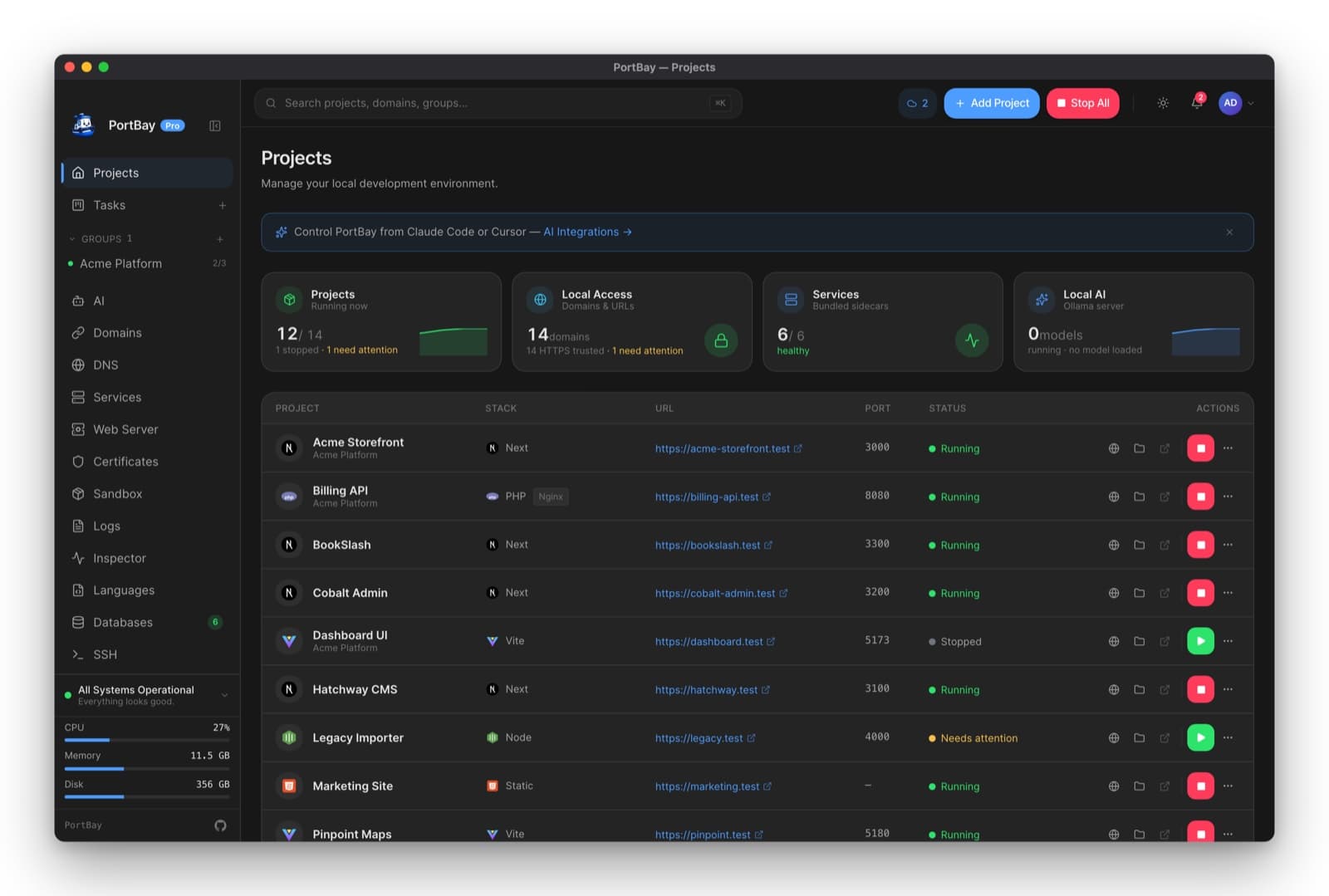 PortBay — local development environment manager for macOS — 1